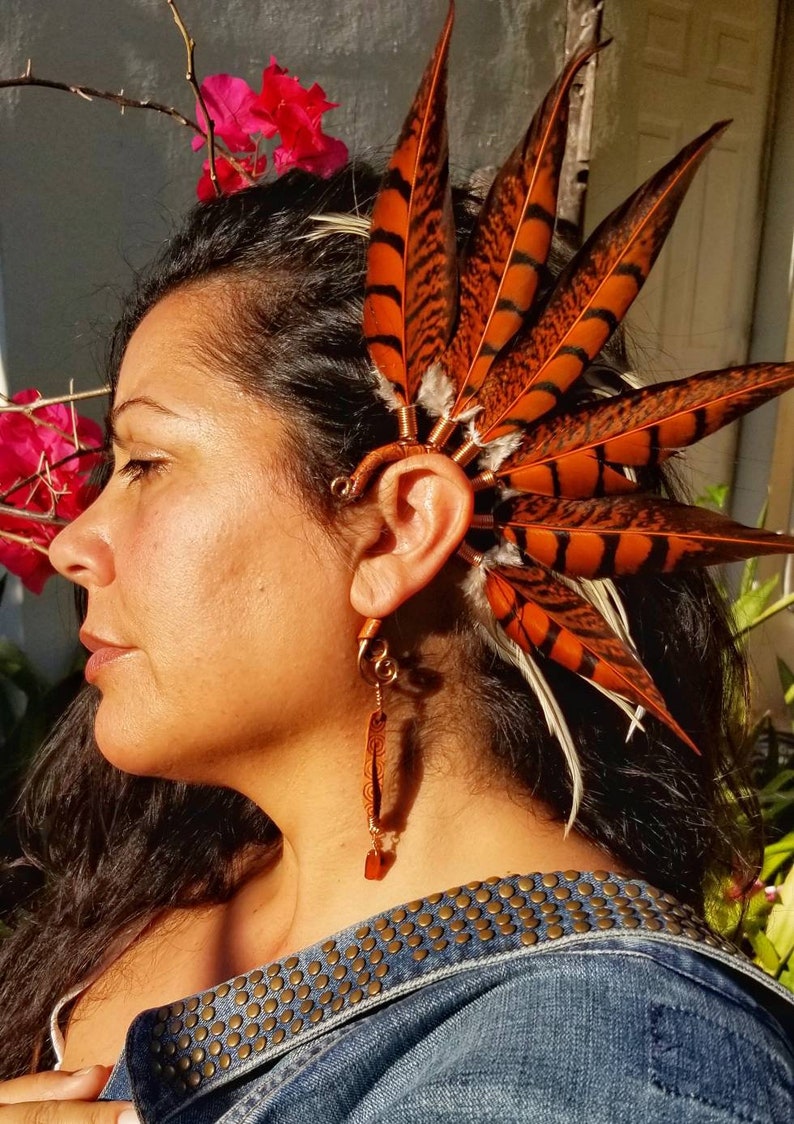 Sunset orange Feather Ear cuff for left ear