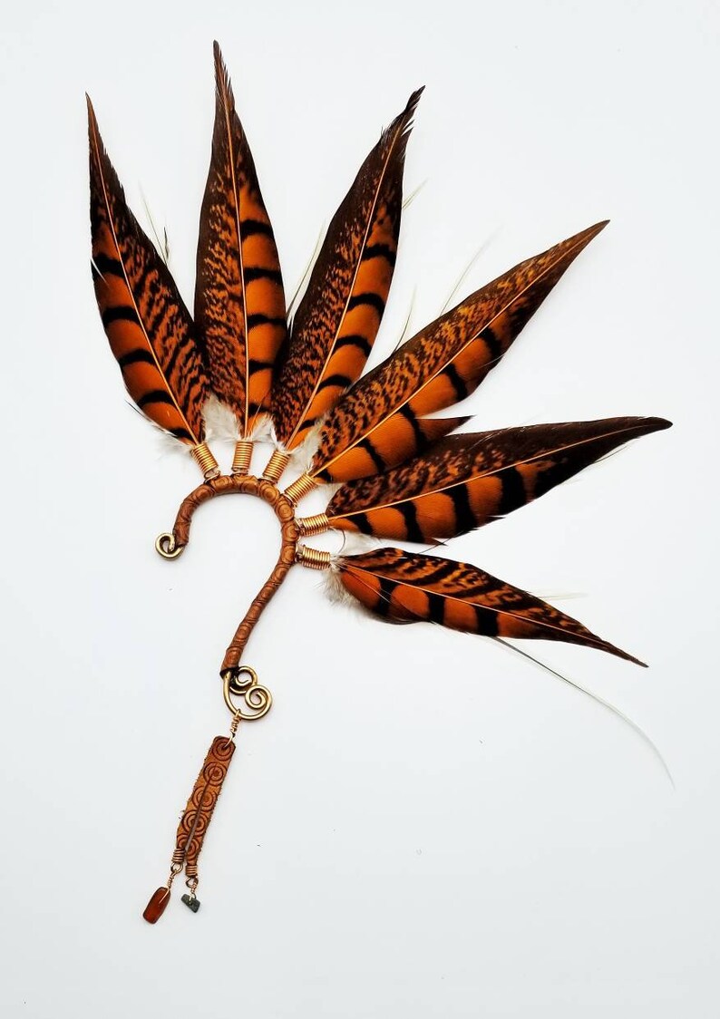 Sunset orange Feather Ear cuff for left ear