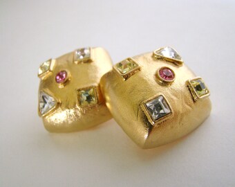Vintage 80s Giovanni/Longcraft Brushed Goldtone Clip-On Earrings with Rhinestone Accents