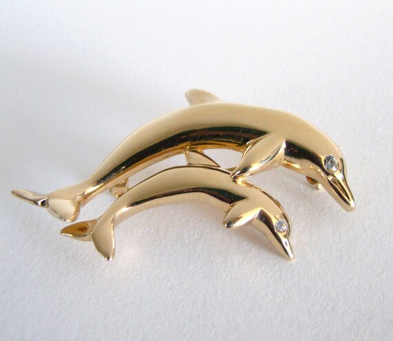 Krementz Gold Plate Dolphin Mother and Baby with Clear Crystal Eyes View 3