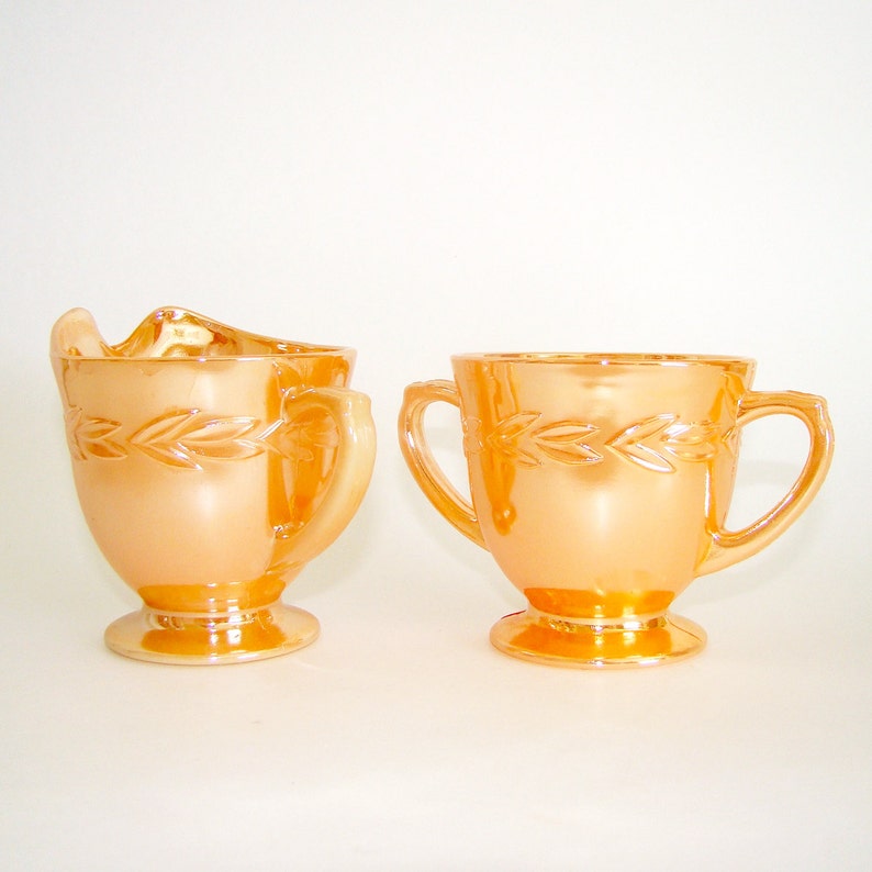 Fire King Peach Lusterware Creamer and Sugar Bowl Laurel ...