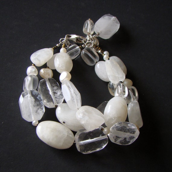 Vintage Tica Rosa Quartz Crystal Pearl Bracelet, Sterling Silver Clasp (Fits 6 1/2")