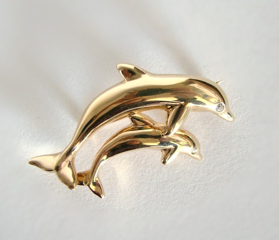 Krementz Gold Plate Dolphin Mother and Baby with Clear Crystal Eyes View 4