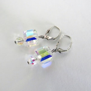 Crystal Aurora Borealis Cube Drop Earrings, Sterling Wires with Lever Back Closures