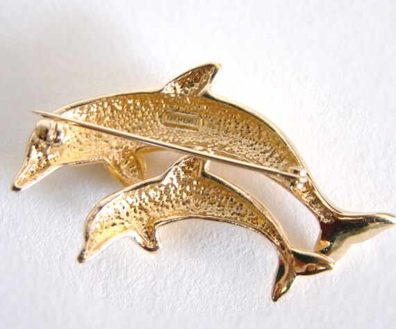 Krementz Gold Plate Dolphin Mother and Baby with Clear Crystal Eyes View 2