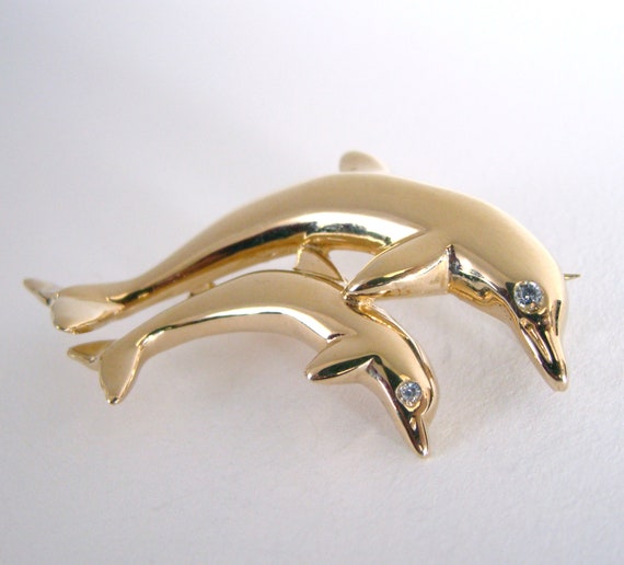 Krementz Gold Plate Dolphin Mother and Baby with Clear Crystal Eyes