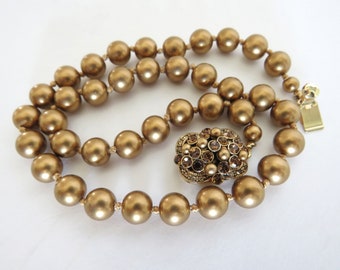Signed Carolee Faux Pearl Necklace: Antique Gold Jeweled Clasp, 16”