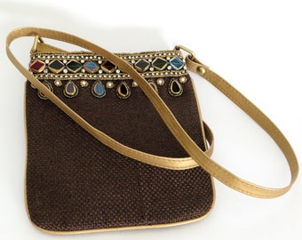 Jeweled Boho Crossbody Mini Bag, Dk Brown Weave with Faux Gold Leather Trim & Strap