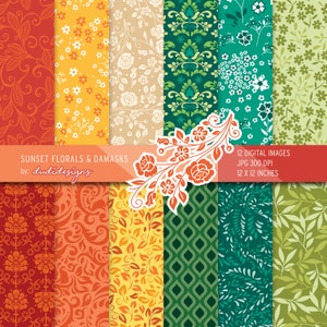 Autumn Damask digital papers, elegant, red, orange, yellow, green, teal, autumn, fall, summer, scrapbooking, floral, instant download
