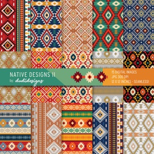 Puede incluir: Un conjunto de 15 patrones digitales sin costuras que presentan diseños geométricos en varios colores, incluidos el rojo, el azul, el verde, el amarillo y el blanco. Los patrones están inspirados en el arte nativo americano y son perfectos para proyectos de manualidades, scrapbooking y diseño digital.