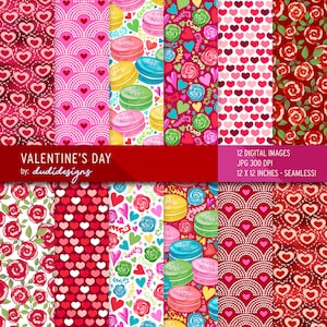 Valentine&#39;s Day Digital Paper Pack: Hearts, Roses, Macarons (Digital Download)