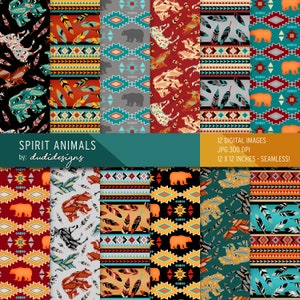 May include: Twelve digital seamless patterns featuring a variety of geometric designs in red, blue, yellow, and black with bear silhouettes. The patterns are 12 inches by 12 inches and 300 DPI. The text "SPIRIT ANIMALS by: dudidesigns" is at the top of the image.