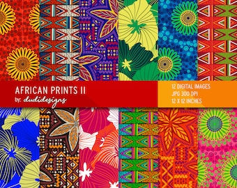 May include: Twelve digital images of African prints in various colors and patterns. The prints feature geometric shapes, floral designs, and abstract patterns. The images are 12 inches by 12 inches and 300 DPI.