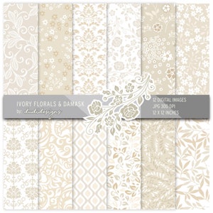 Ivory Damask Digital Paper: Floral Wedding Scrapbook Backgrounds (Digital Download)