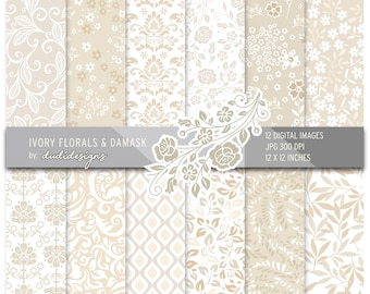 Ivory Damask Digital Paper: Floral Wedding Scrapbook Backgrounds (Digital Download)