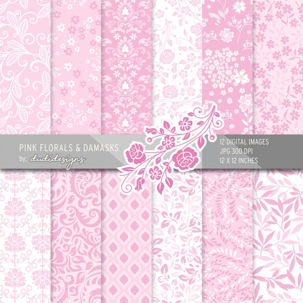 Pink Damask digital papers, elegant, pink, white, pink damask, weddings, scrapbooking, baby shower, invites, pink floral, instant download