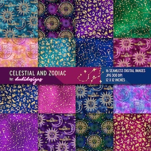 Celestial Astrology Digital Paper Pack Galaxy Zodiac Seamless Pattern, Sun Moon Star Mystical Scrapbook Paper Digital Download