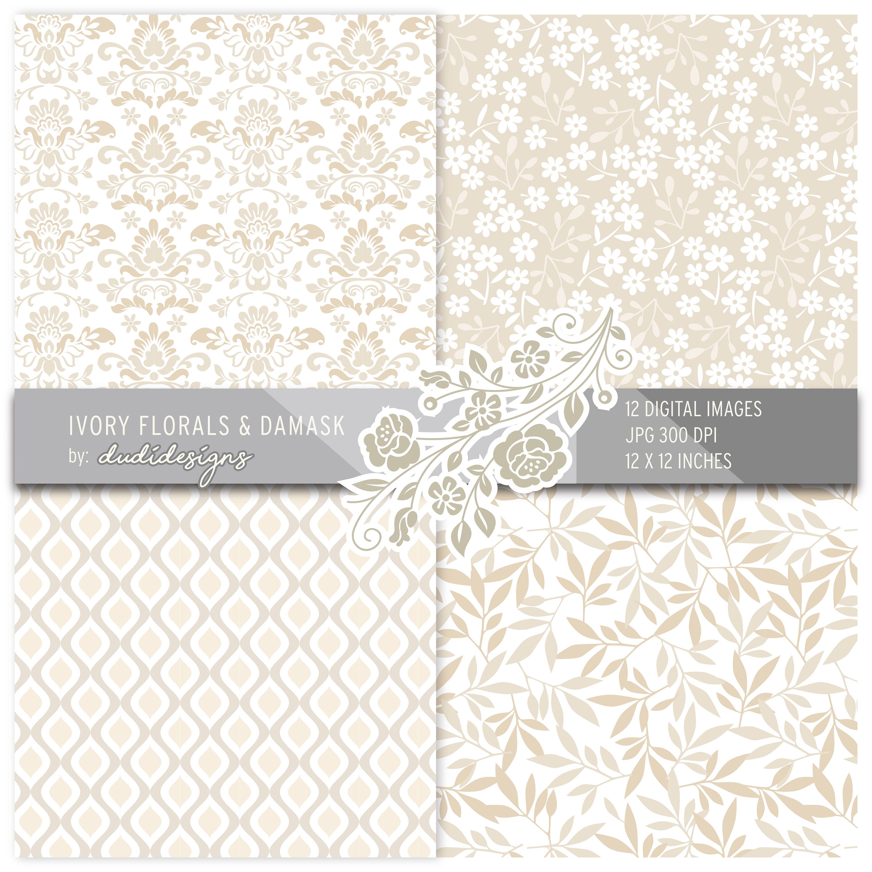 Ivory Damask Digital Papers Elegant White Beige Damask Etsy UK