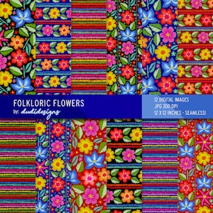 Pacote de papel digital de flores folclóricas. Páginas de álbum de recortes, plano de fundo, padrão, folk, flor, floral, festival, papel digital de inspiração mexicana