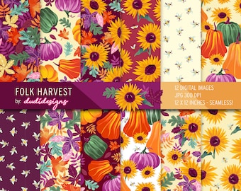 Folk Harvest Seamless Fall Digital Paper, fabric, scrapbook, printable papers, sunflower, pumpkin, autumn instant download. Commercial use.