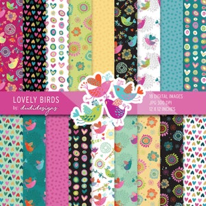 Cute Birds Pacchetto di carta digitale. Pagine di scrapbooking, sfondo, fogli di scrapbook, modello, uccelli, fiori, cuori. Uso commerciale