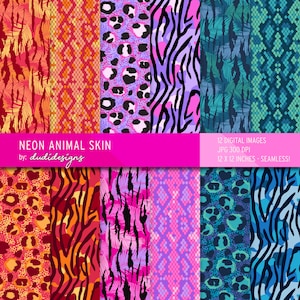Neon Animal Skin Digital Paper Pack. Scrapbooking pages, background, pattern, animal skin, fashion, snake, leopard, tiger, zebra, tropical