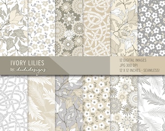 Ivory Lilies Digital Paper: Elegant Floral Scrapbook Patterns (Digital Download)