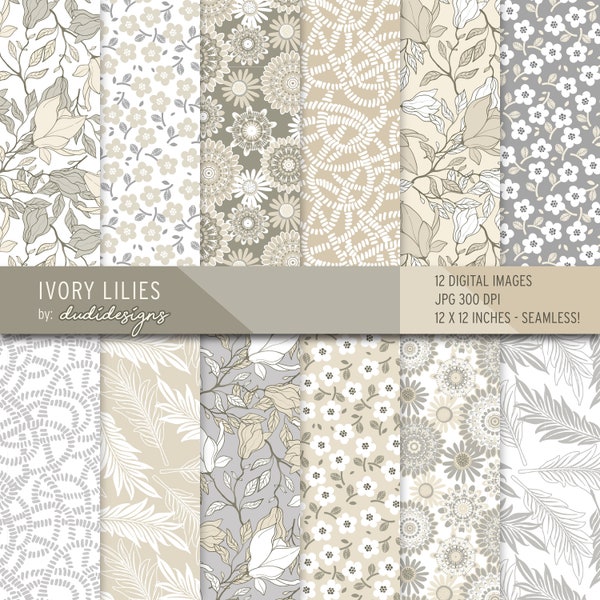 Ivory lilies digital papers, elegant, white, beige ditsy, weddings, scrapbooking, baby shower, invites, off white, instant download, cream