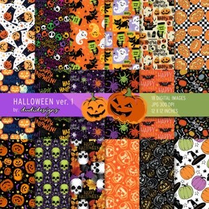 May include: A set of 18 digital Halloween themed paper patterns. The patterns feature various Halloween icons such as pumpkins, skulls, bats, spiders, and ghosts. The patterns are in a variety of colors, including orange, black, green, purple, and white. The patterns are 12 inches by 12 inches and 300 DPI.