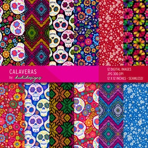 May include: A set of 12 digital paper designs featuring colorful Day of the Dead patterns. The patterns include sugar skulls, flowers, and geometric designs in vibrant colors like red, blue, green, yellow, and pink. The text "CALAVERAS by: dudidesigns" is included in the image.