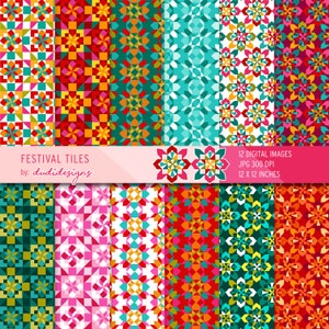 Pacchetto di carta digitale Festival.  Pagine di scrapbooking, sfondo, motivo, sud-ovest, piastrelle, carta digitale di ispirazione messicana, marocchina, spagnola