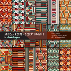 May include: 18 digital images of African Kente fabric patterns in desert brown colors. The patterns are geometric and feature a variety of colors, including red, orange, yellow, green, and blue. The images are 12 inches by 12 inches and 300 DPI.  The text "AFRICAN KENTE - DESERT BROWNS" and "by: dudidesigns" is at the top of the image.  The text "18 DIGITAL IMAGES" is at the top right of the image.  The text "JPG 300 DPI | 12 X 12 INCHES" is in the middle right of the image.  The text "1 EPS - all swatches inside" is at the bottom right of the image.