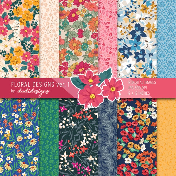 Liberty Style Floral Digital Paper Pack, tissu, album, papiers imprimables, arrière-plans, courtepointe, téléchargement instantané. Utilisation commerciale.