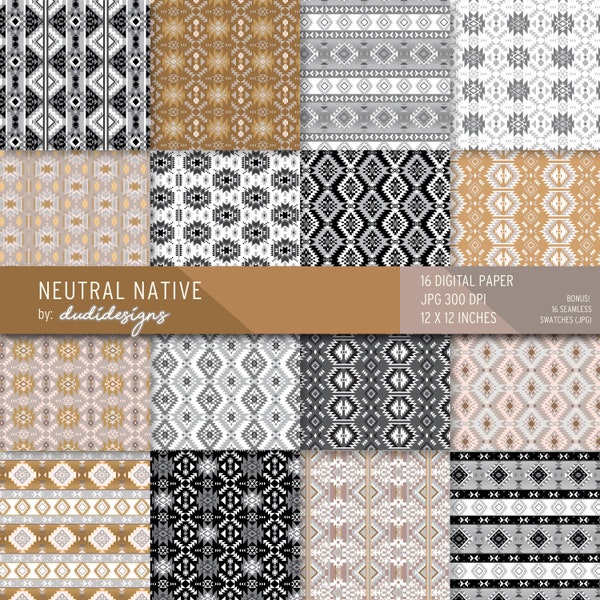 Neutral Native Digital Paper Pack.  Scrapbooking pages, background, scrapbook sheets, pattern, Aztec, Navajo, Tribal, Ethnic digital paper
