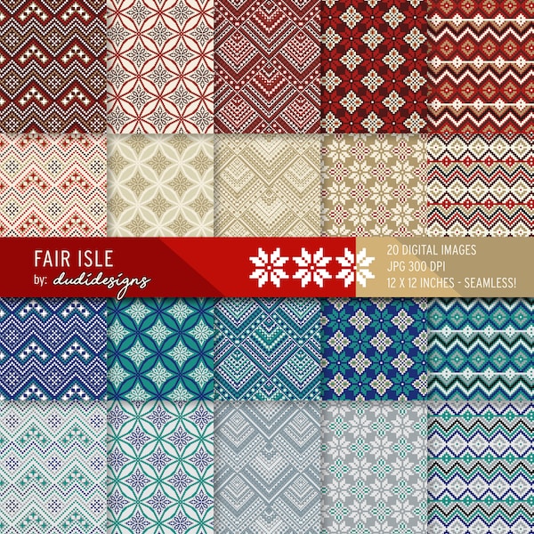 Fair Isle Nordic Print Seamless Digital Paper Pack. Scrapbooking pages, background, winter, colorful knit sweater, Scandinavian, Christmas
