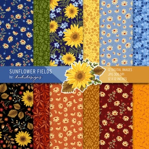 Sunflower Fields Floral Digital Paper Pack, fabric, scrapbook, printable papers, backgrounds, quilting, instant download. Commercial use.