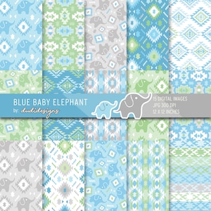 Blue Elephant Tribal Digital Paper Pack: Baby Scrapbook Patterns (Digital Download)