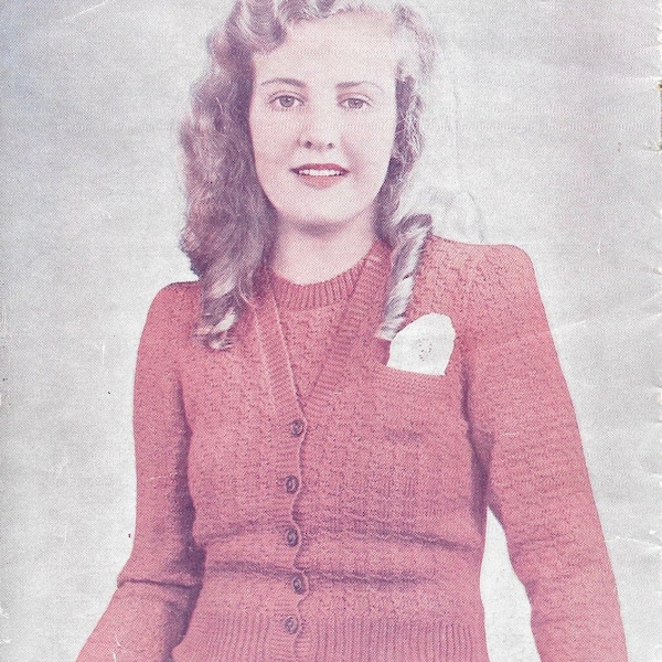 Teen Twinset • 1940s Knitting Knit Cardigan Sweater Top Jumper Collar • 40s Charm Vintage Pattern • Retro Women's Knit Digital PDF