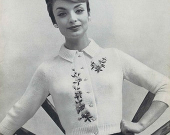 Secret Garden • 1950s Knitting Collared Cardigan Sweater Top Flowers Flower Patterns • 50s Vintage Pattern • Retro Women's Knit Digital PDF