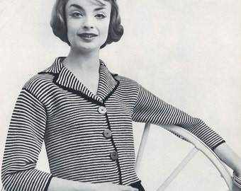 Stripey Cardigan • 1950s Knitting Collared Sweater Jacket Top Patterns • 50s Vintage Pattern • Retro Women's Knit Digital PDF