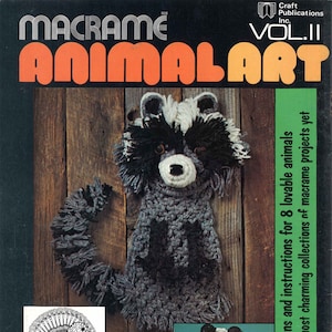 Macramé dierenkunst • Macramé-patronenboek uit de jaren 70 • Vintage wasbeer, panda, chimpansee, konijn uit de jaren 70, lamsskunk, kalkoen, kalkoen • Retro, PDF