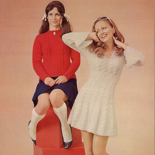 Red & White • 1960s Sweater Dress Knit Pullover Patterns • 60s Vintage Cabled Ribbed Knitting Pattern • Retro Women's Knit PDF