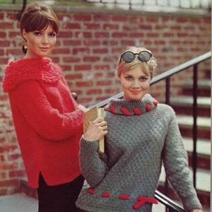 Red & Grey • 1960s Pullover Bulky Knit Big Collar Sweater Patterns • 60s Vintage Knitting Pattern • Retro PDF