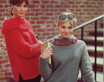 Red & Grey • 1960s Pullover Bulky Knit Big Collar Sweater Patterns • 60s Vintage Knitting Pattern • Retro PDF