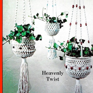 May include: Three macrame plant hangers with white cord and red beads. The hangers are labeled "Cotton Delight", "Heavenly Twist", and "Frolic".