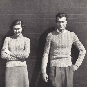 His & Hers Cables • 1940s Knitting Knit Turtleneck Tennis Pullover Top • 40s Vogue Vintage Pattern • Retro Women&#39;s Men&#39;s Digital PDF