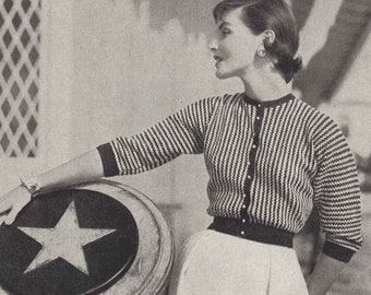Cindy Cardigan • 1950er Jahre gestreiftes Häkelbluse Top • 50er Jahre Vintage Verlobung Vogue Muster • Retro Häkelarbeit Digital PDF
