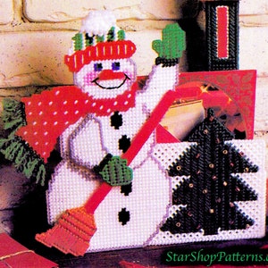 Livro de padrão de lona de plástico vintage PDF • Padrão de lona de plástico de Natal Suporte para cartão de Natal Padrão de lona de plástico de boneco de neve de Natal