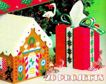 Vintage Plastic Canvas Pattern Book PDF • Christmas Plastic Canvas Pattern • Xmas Tissue Box Patterns Gingerbread House Ornaments Gift Noel