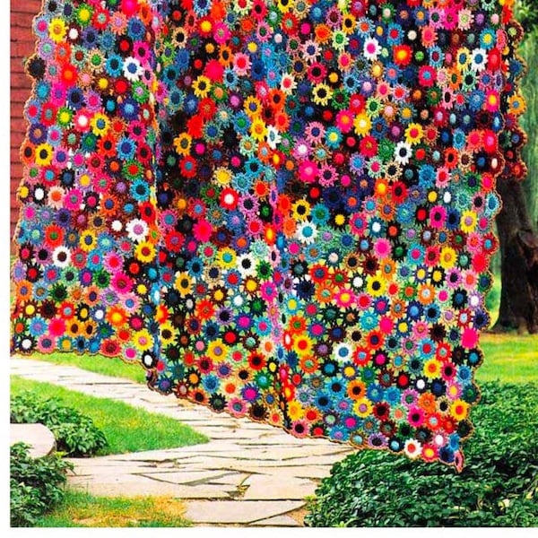 Vintage Crochet Afghan Pattern PDF • Meadow Flower Crochet Blanket Pattern • Floral Afghan Garden Throw Granny Square Digital Download eBook